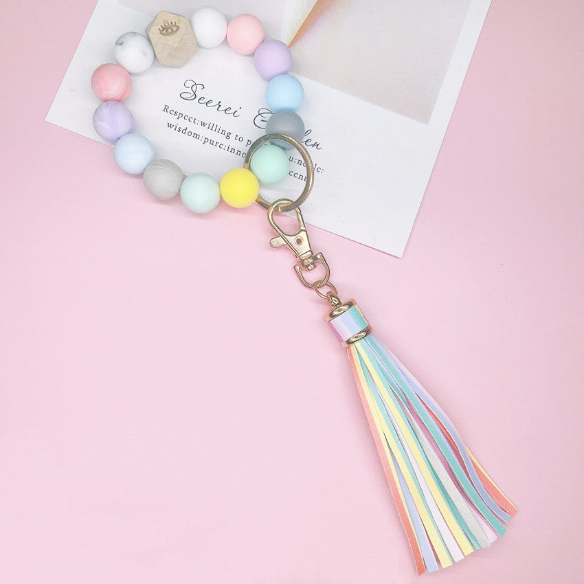 Llavero bohemio de la muñeca de la borla del cuero al por mayor del silicón